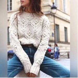 ZARA CABLE KNIT SWEATER WITH POMPOMS NWT